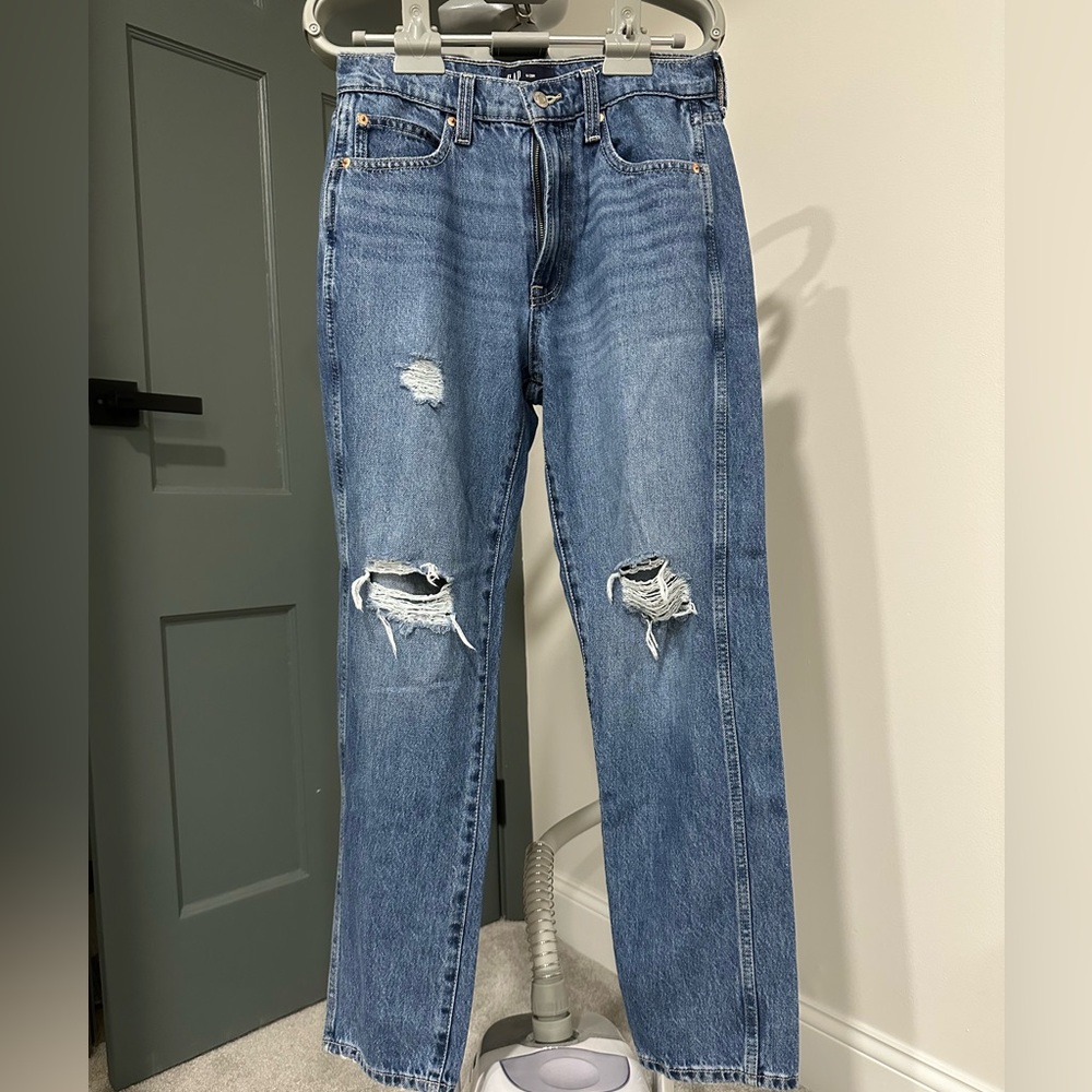 GAP Classic Blue Distressed Denim Mom Jeans